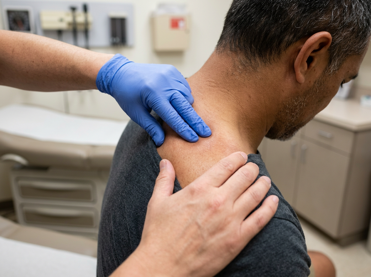 Close-up of clinician hands pressing on shoulder tender point during fibromyalgia examination