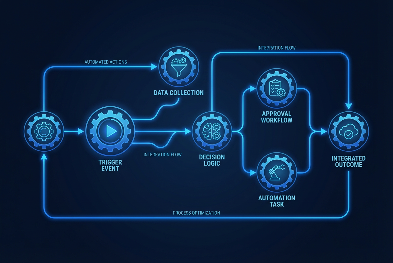 Custom workflow automation diagram with interconnected gears and processes