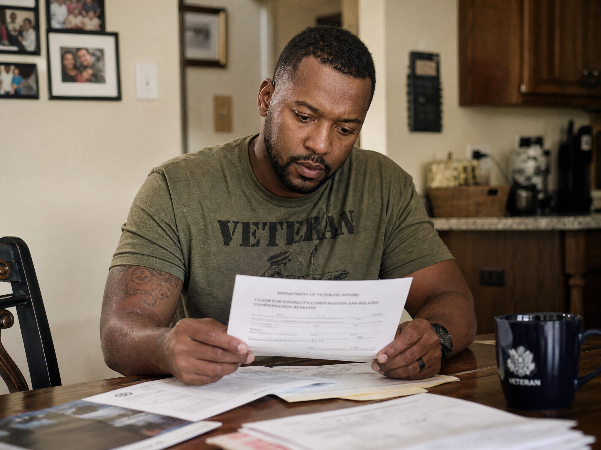 A post-9/11 veteran reviewing his VA claim paperwork at his kitchen table
