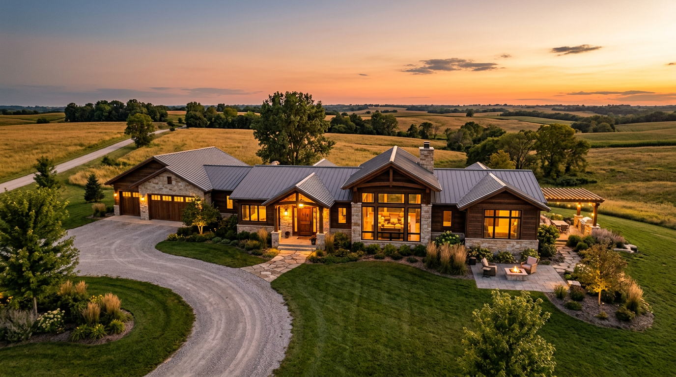 Beautiful custom-built ranch home at golden hour in Iowa countryside