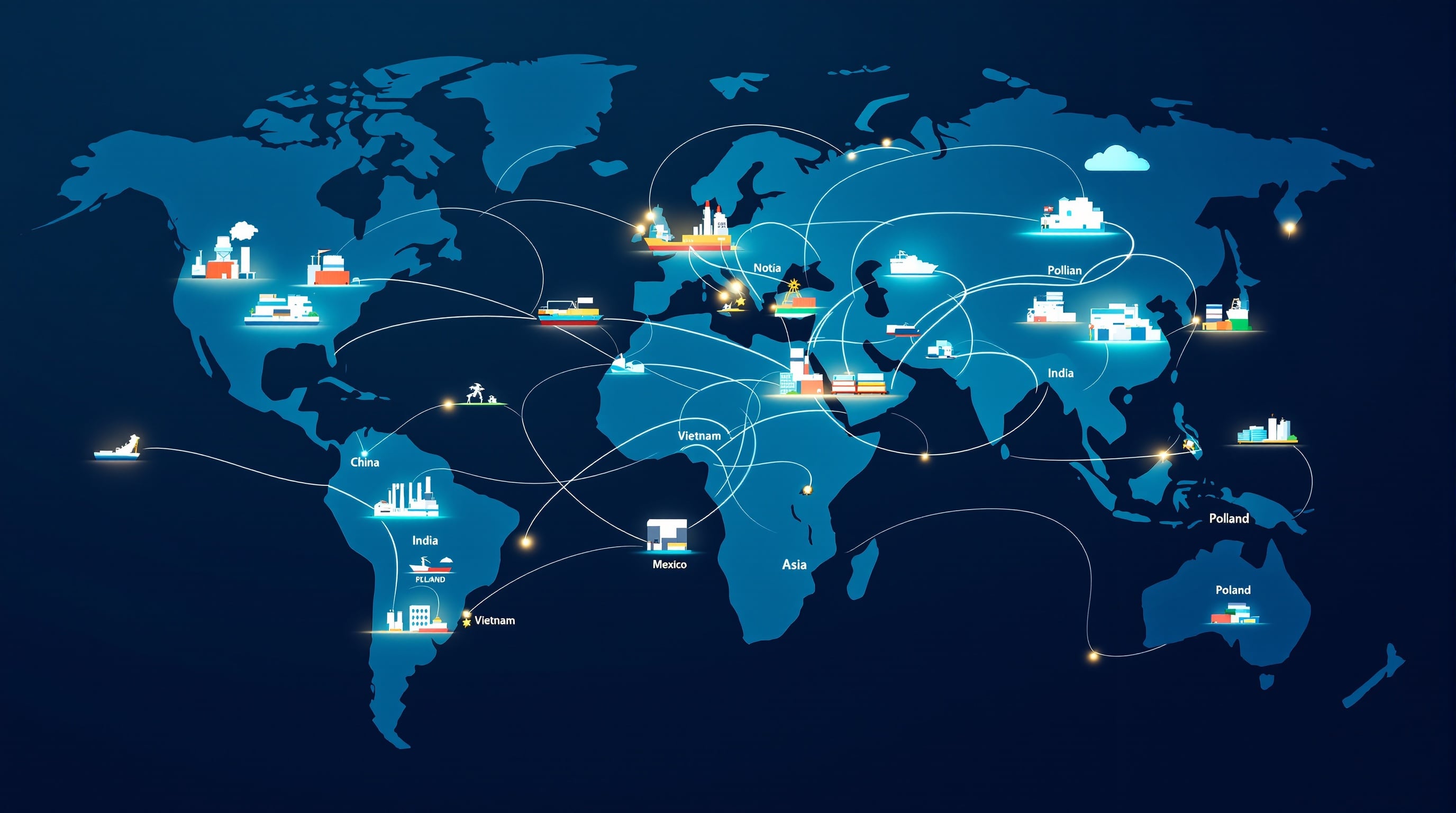 Global supply chain network showing interconnected manufacturing hubs across Asia, Americas, and Europe representing China Plus Many diversification strategy