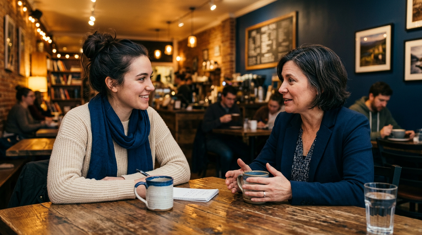 Conversa de apoio e mentoria em café aconchegante