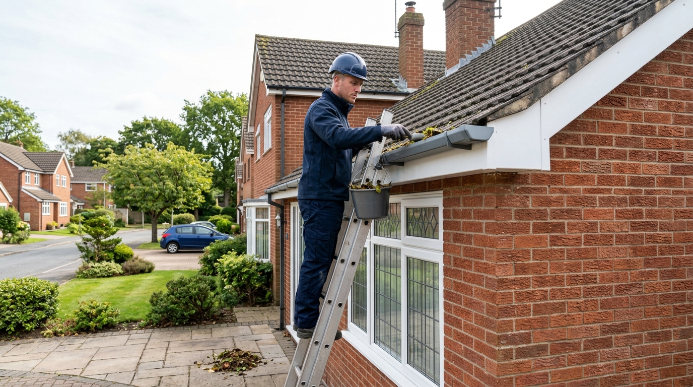 Roofer inspecting gutters and roofline