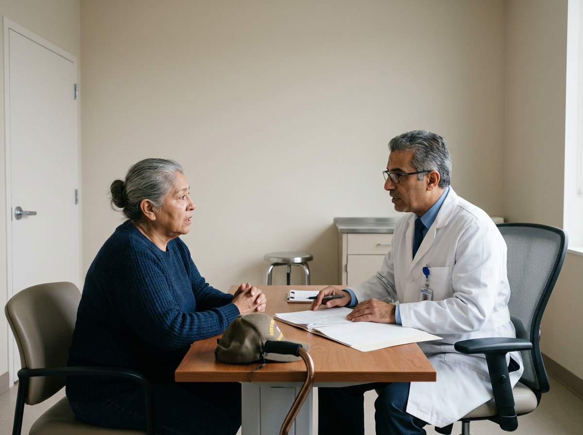 Rheumatology specialist interviewing older Hispanic female veteran about fibromyalgia treatment history