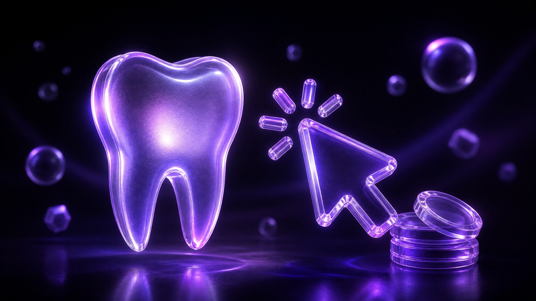 A frosted-glass glowing tooth beside a translucent cursor and small stacked coins, floating in the dark