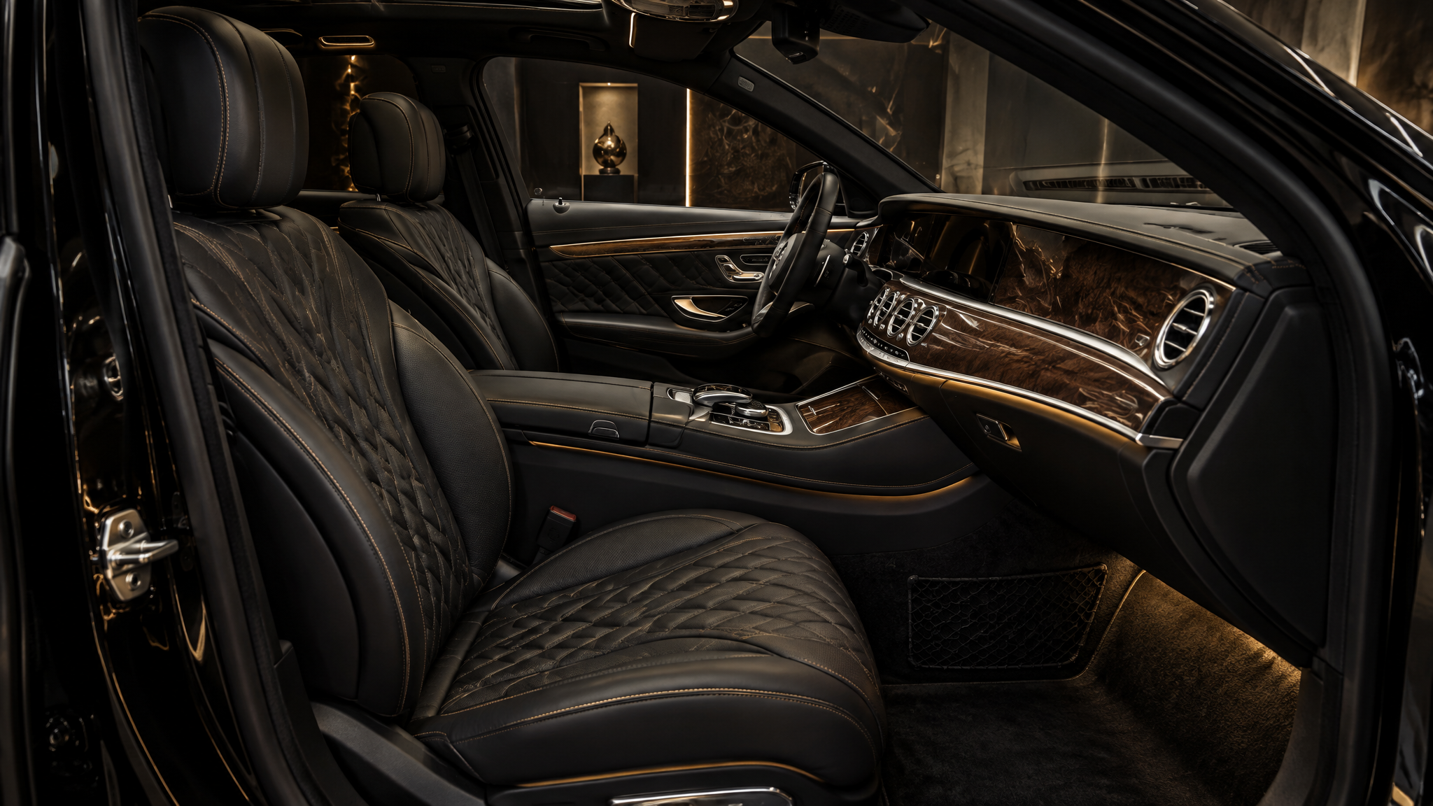 Premium luxury car interior with leather seats and wood trim