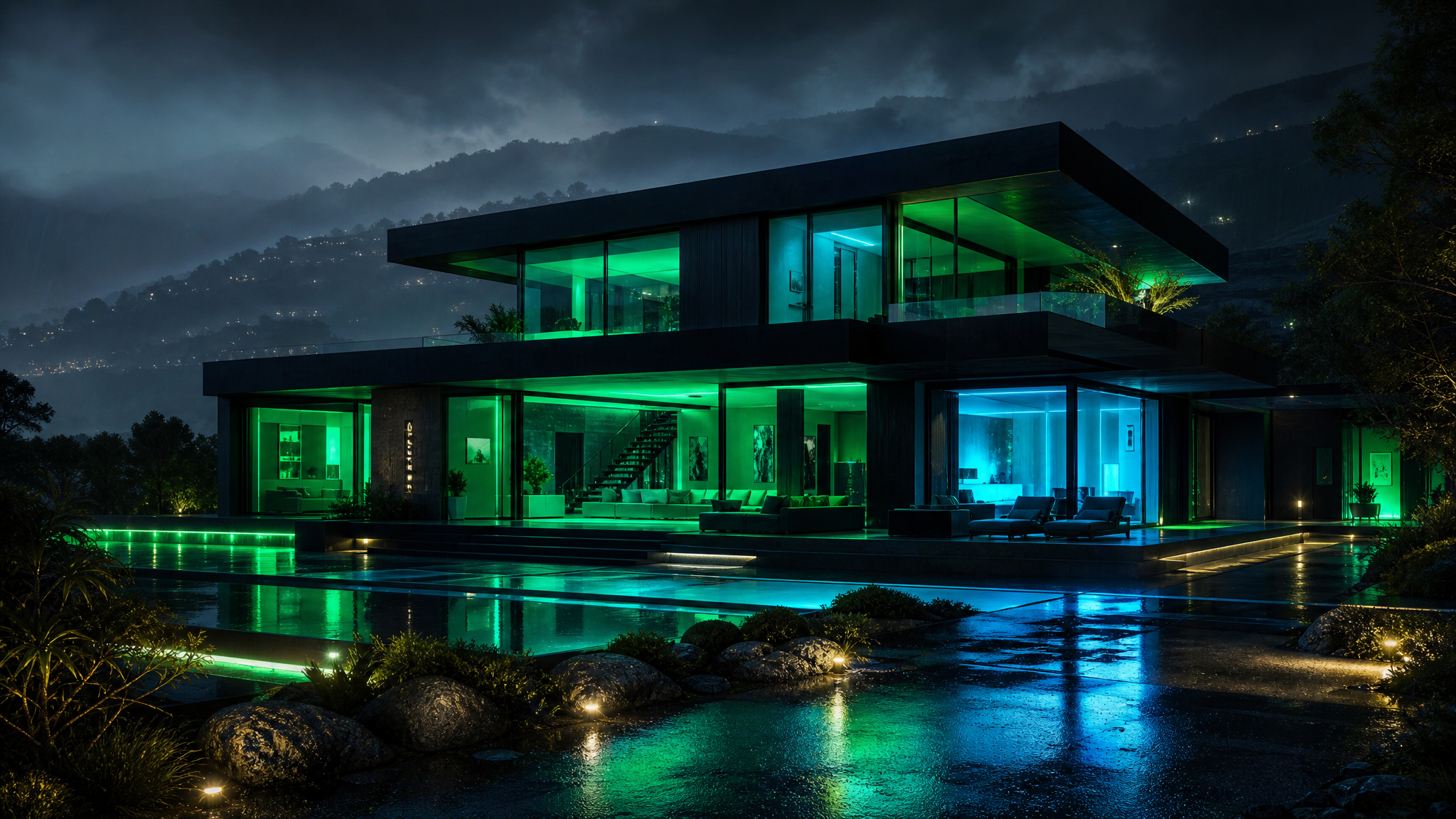Sovereign smart home glowing with green and cyan light at night