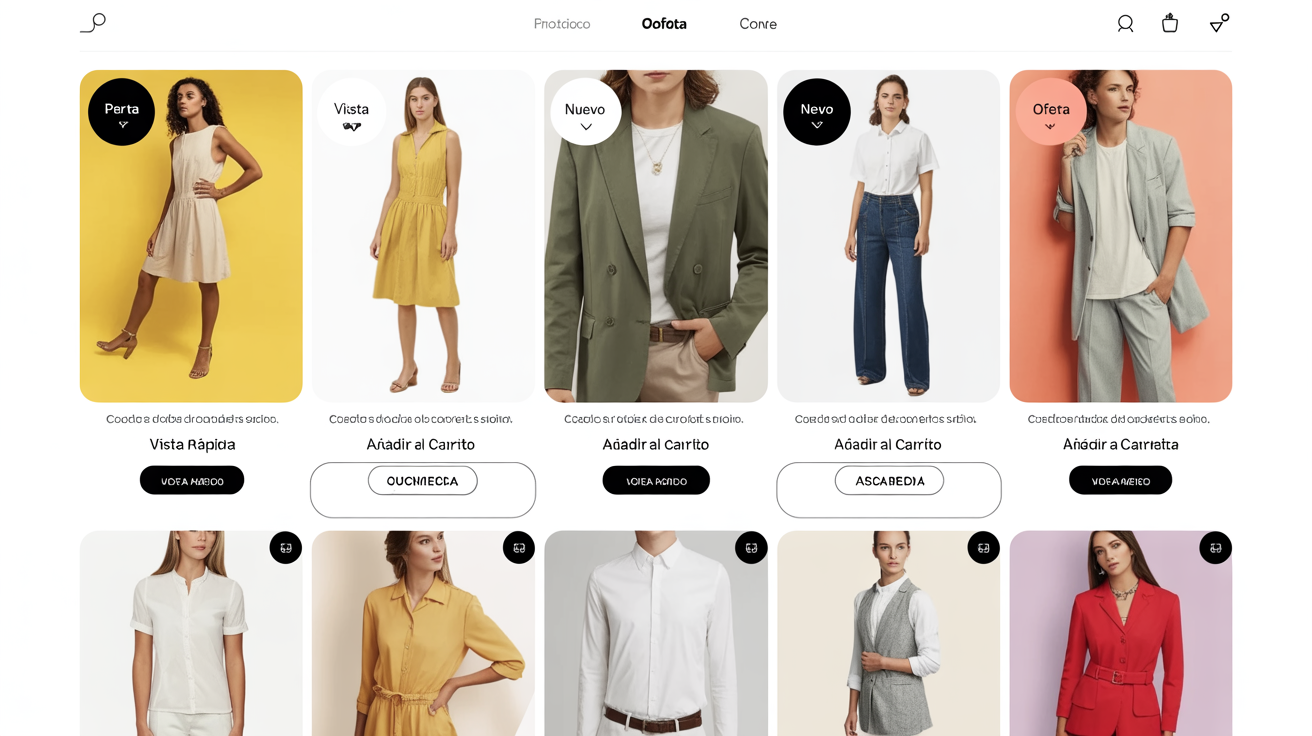 Galería profesional de productos con efectos hover y funcionalidad de compra rápida