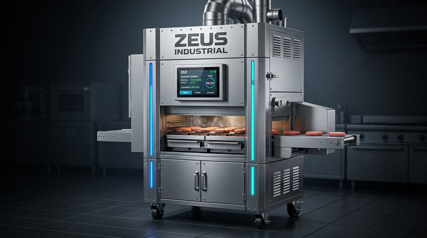 Zeus Industrial — floor-standing high-volume burger cooker for stadiums and restaurant chains