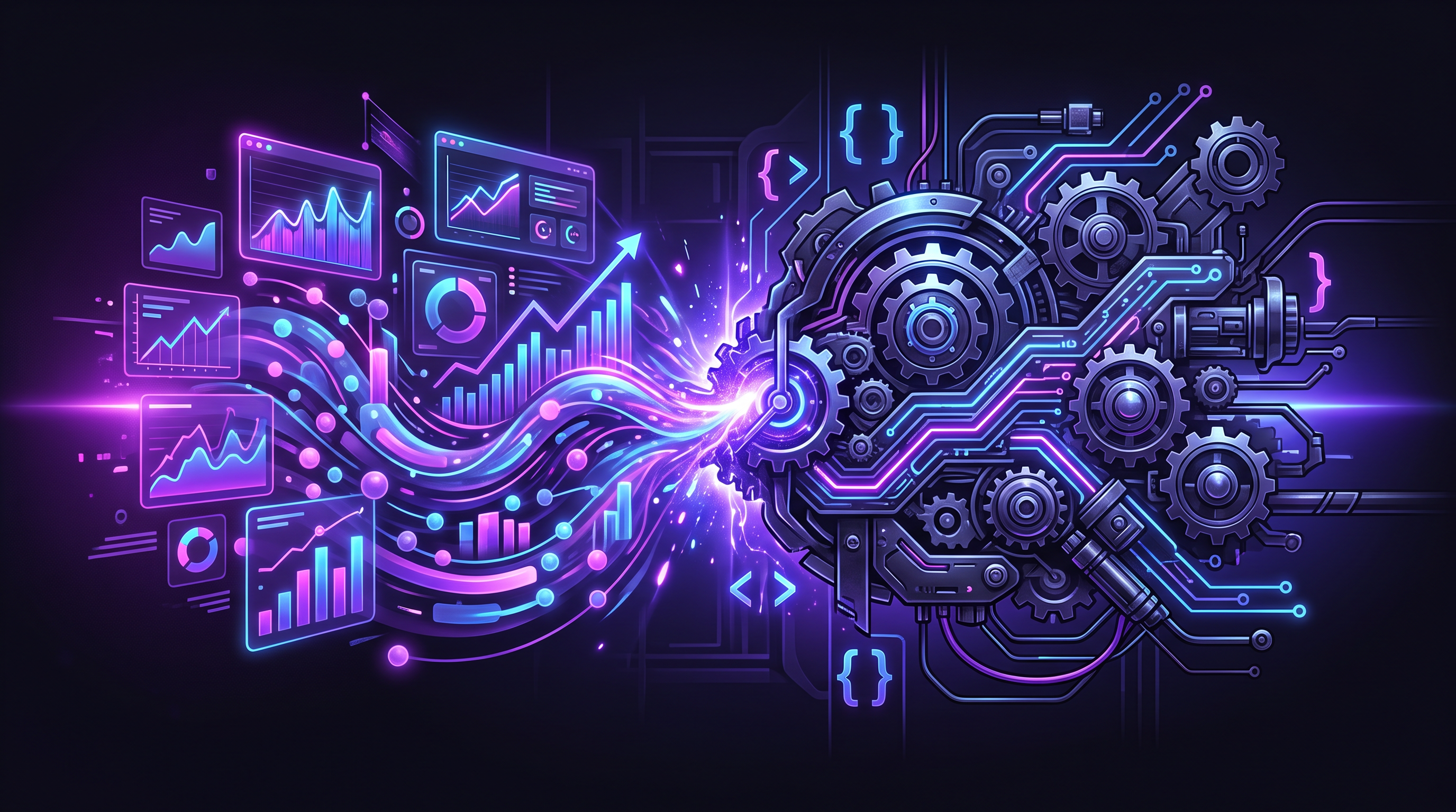 Analytics dashboards merging with gears and code — marketing execution fused with engineering