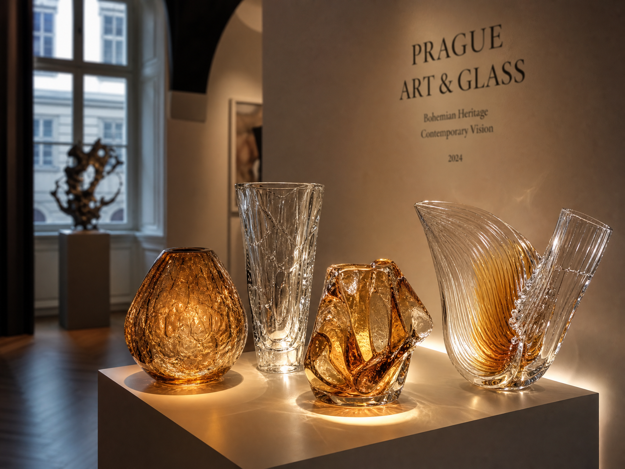 Verre de Bohême et objets de design de collection présentés dans une galerie de Prague