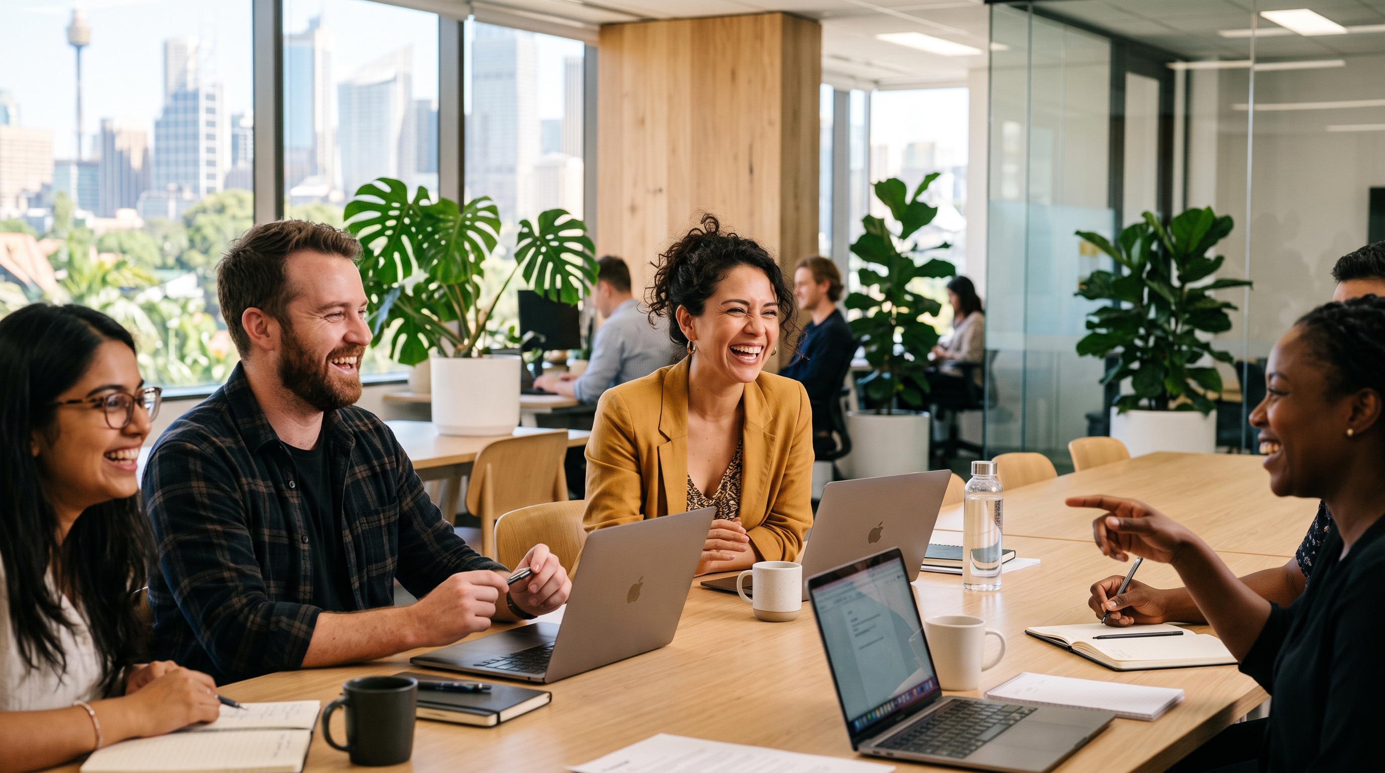 A Latin American professional woman laughing with coworkers in a bright Australian office