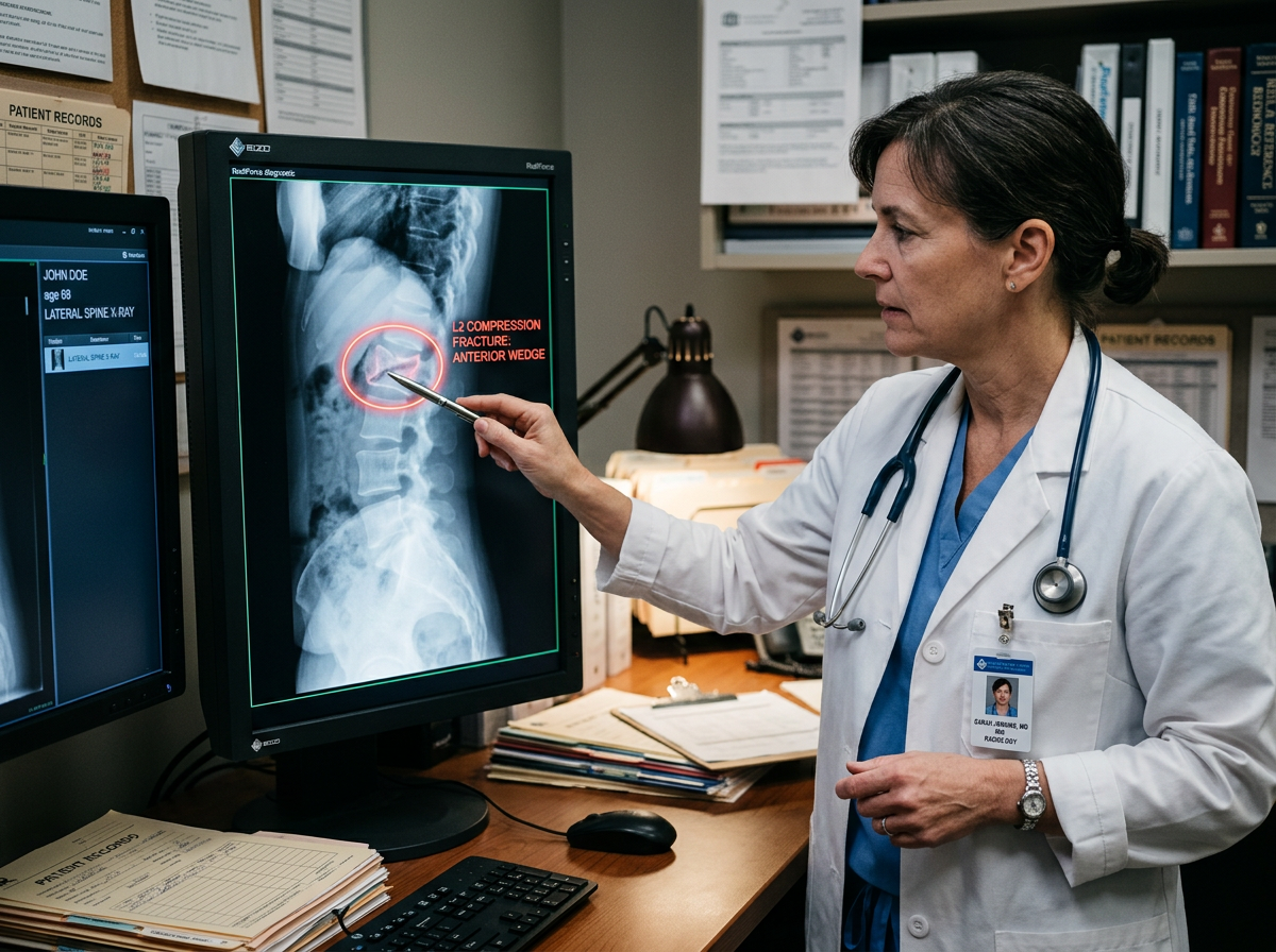 A doctor pointing at a spine X-ray showing a vertebral compression fracture with visible wedging of the vertebral body