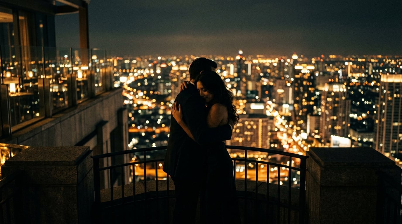 Romantic couple silhouette against city lights