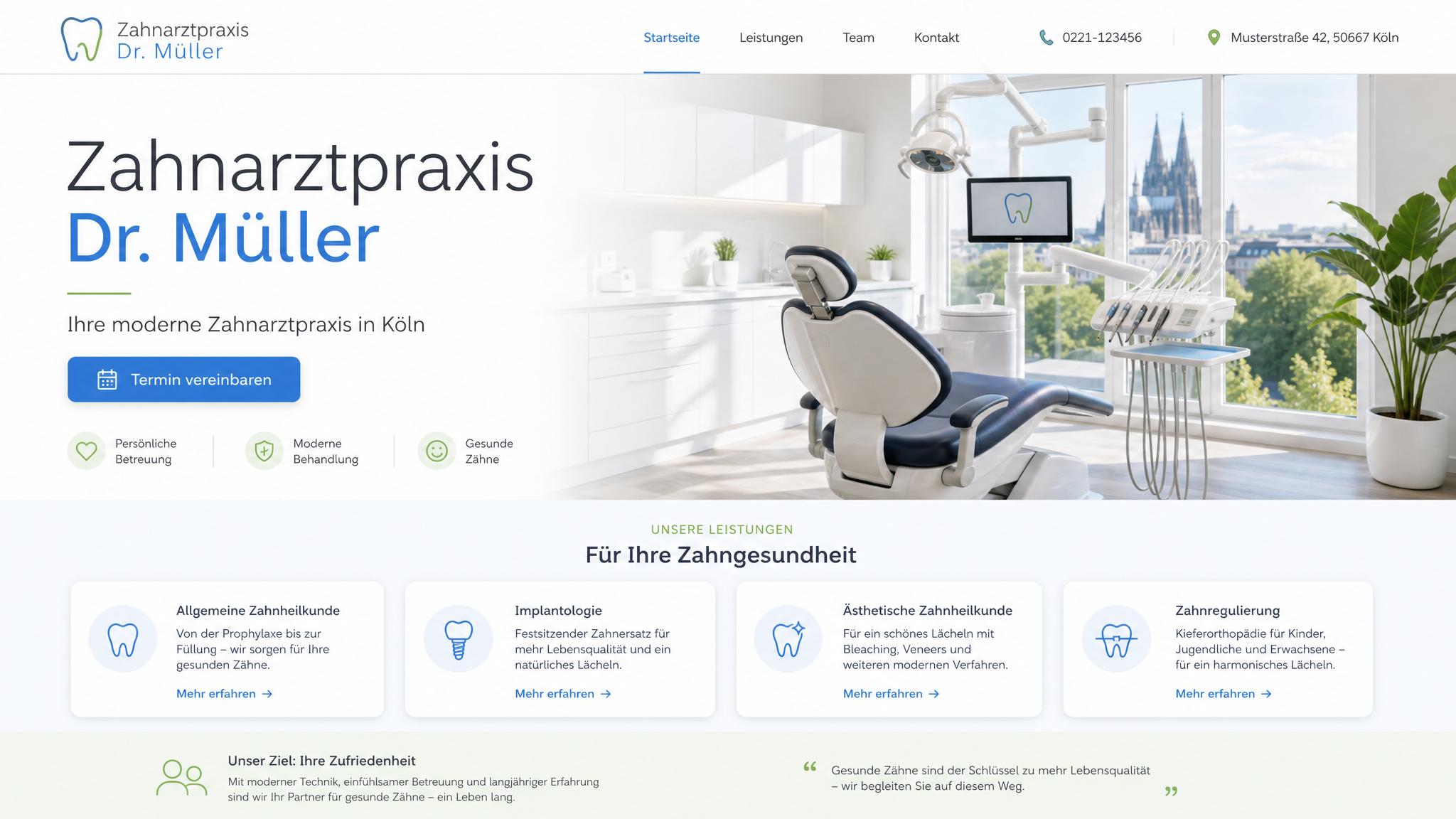Moderne, professionelle deutsche Website einer Zahnarztpraxis