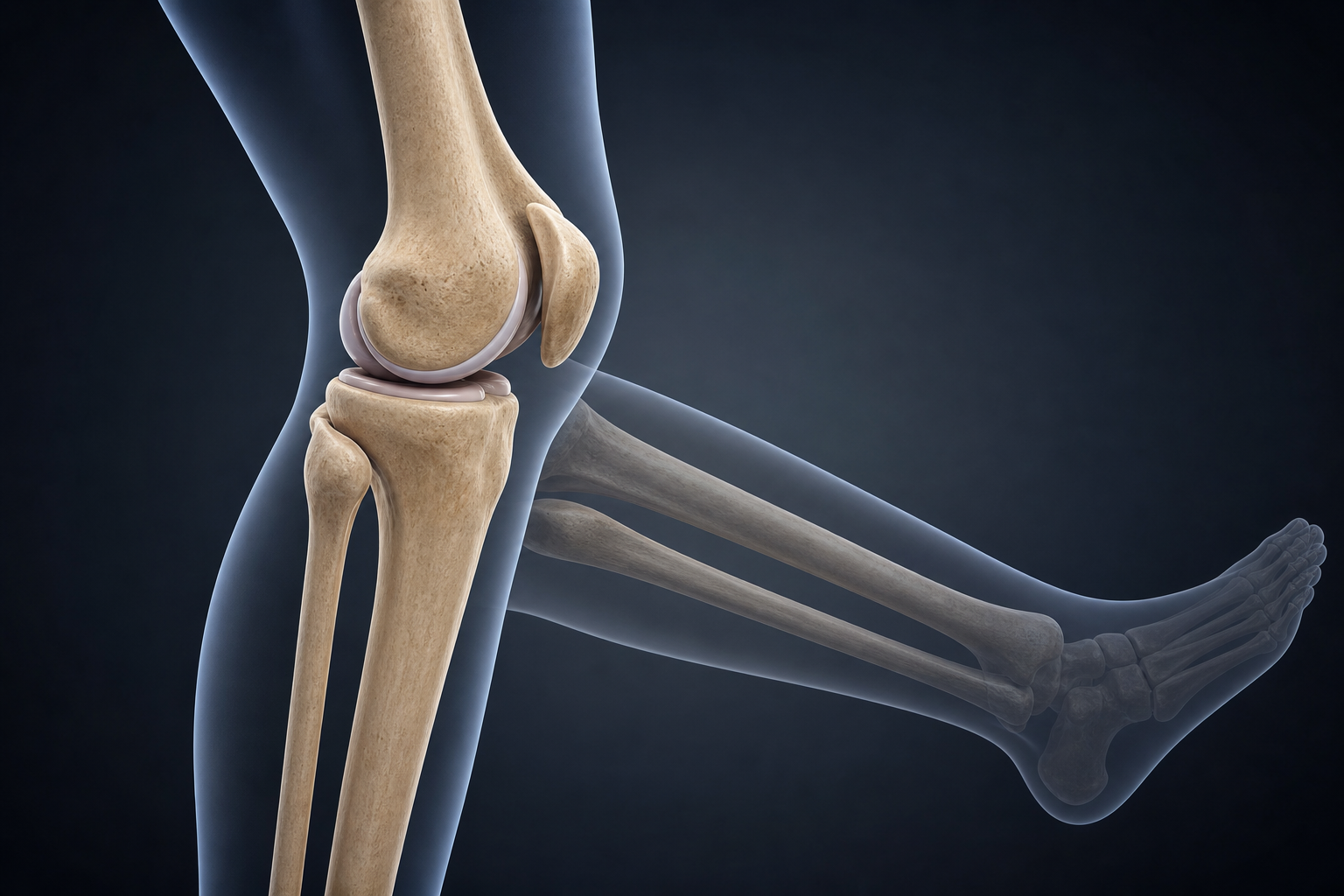 Side-view 3D anatomical render of the knee joint bones with the lower leg shown in two ghosted positions, one bent and one straightened, illustrating the arc of knee range of motion
