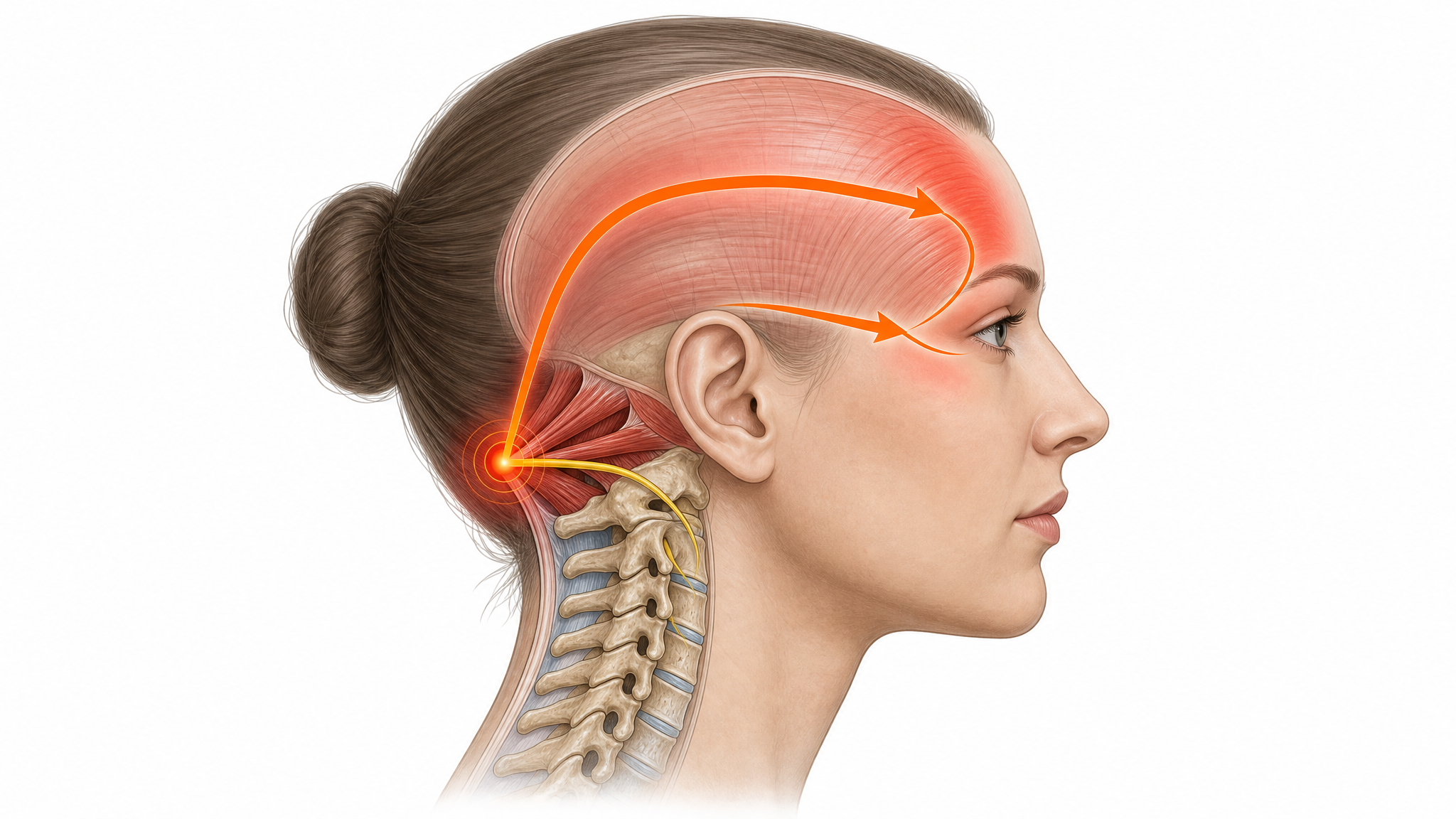 Illustration of a head with an arrow tracing pain from the suboccipital region forward to the temple and eye