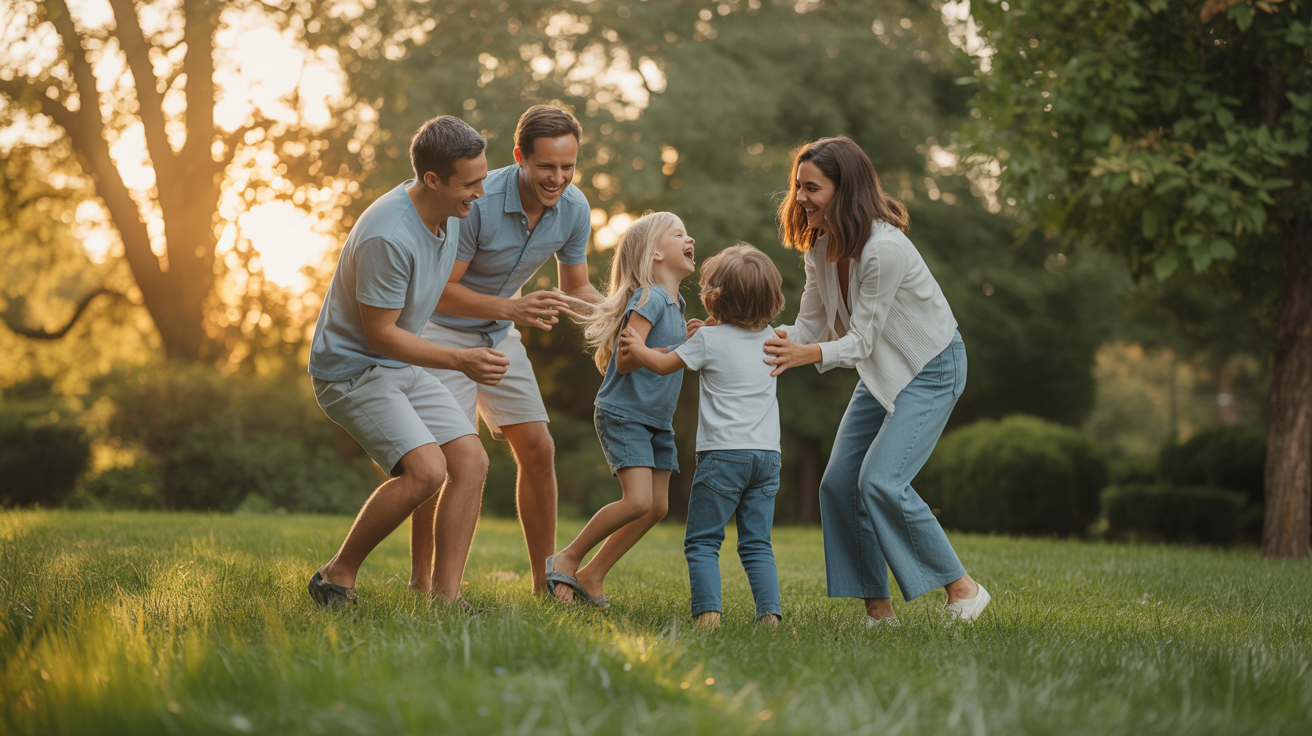 Happy family playing together in a sunlit garden, representing improved work-life balance through coaching