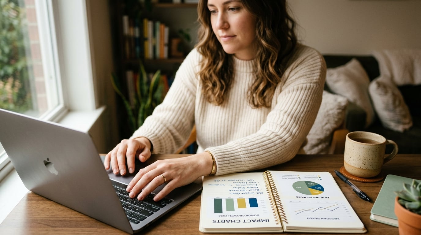 Close-up of hands reviewing impact charts on a laptop and notebook in a warm, naturally lit workspace