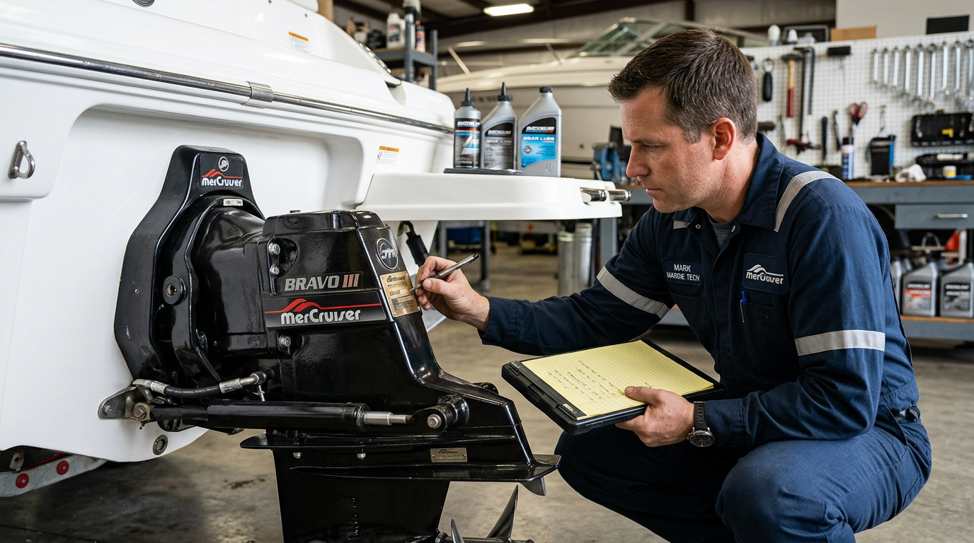Marine technician examining a MerCruiser Bravo outdrive identification tag and recording serial numbers on a clipboard in a workshop
