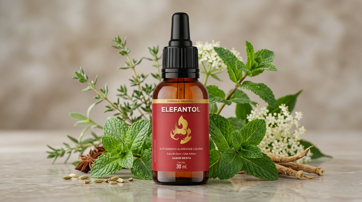 Imagem: Frasco do Elefantol com ingredientes naturais ao fundo