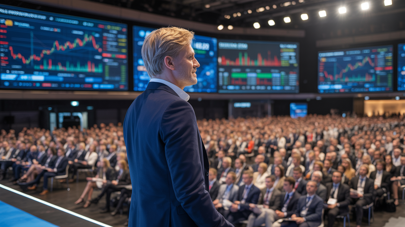 Pavel Tesařík speaking to a large audience at a trading conference