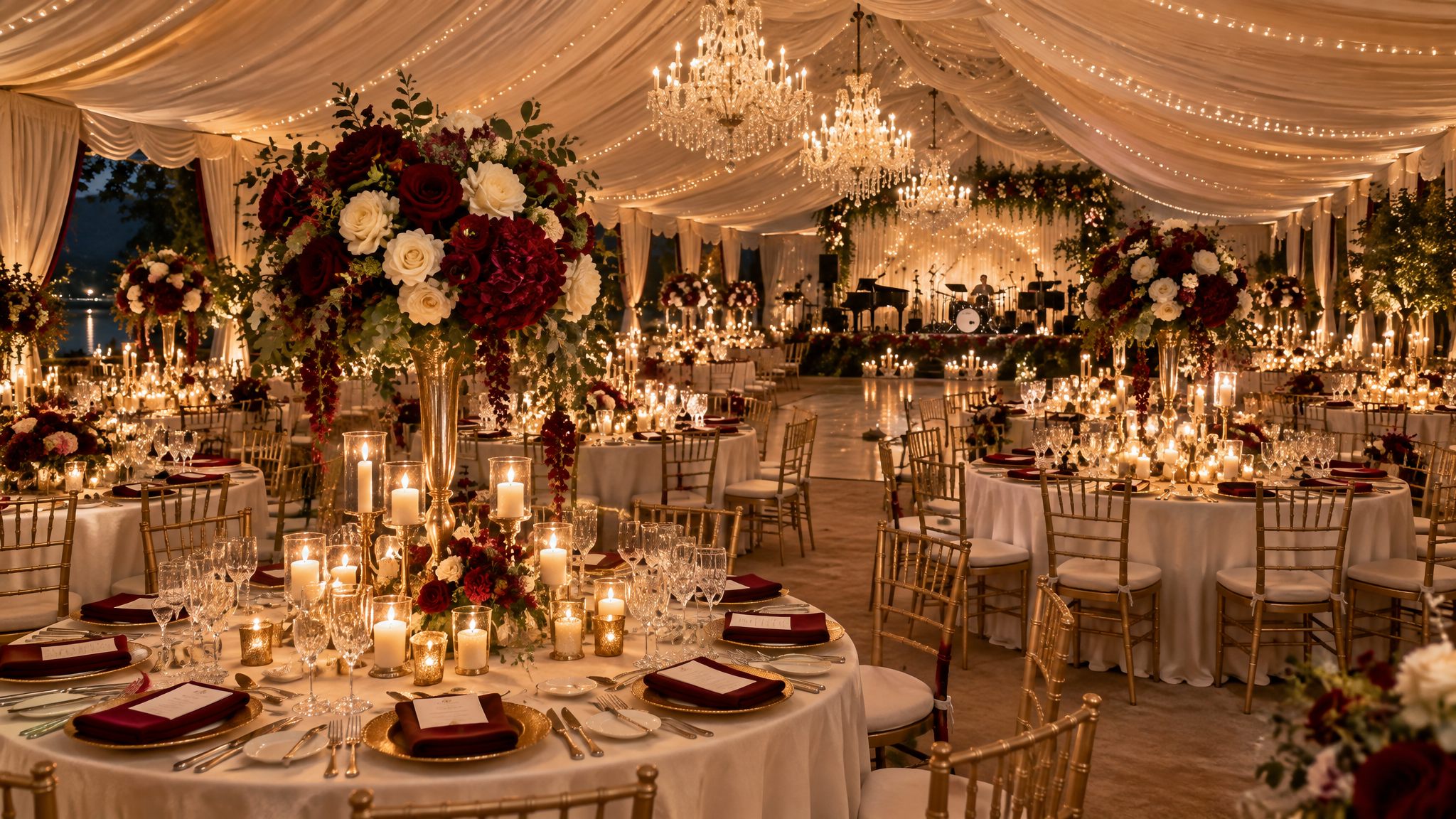 Luxurious evening wedding reception with elegant table settings and warm candlelight in Bulawayo