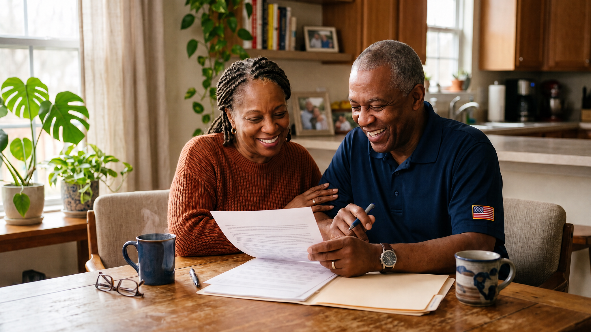 A veteran couple reviewing their VA benefits documents together at their kitchen table