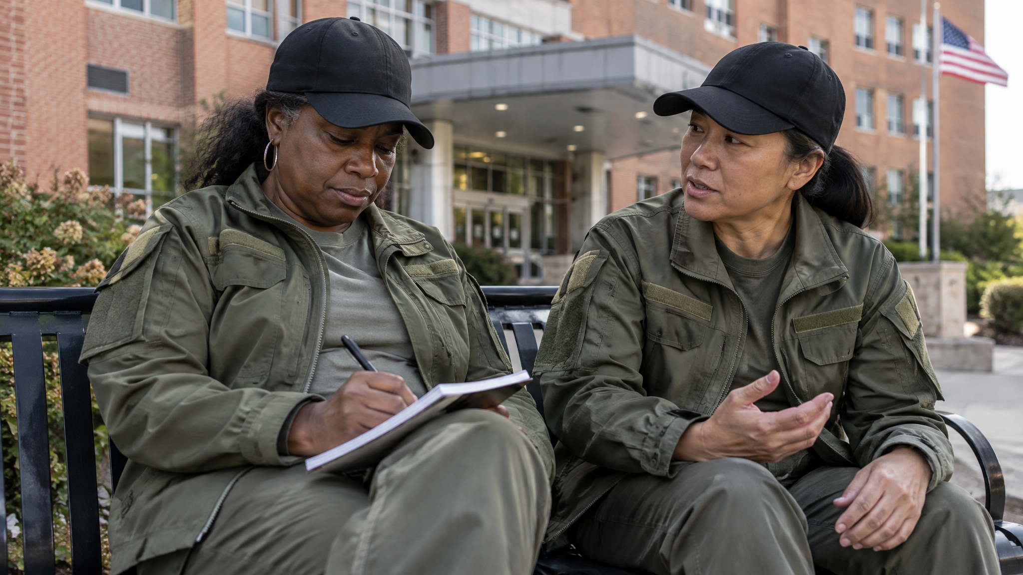 Two women veterans in veteran caps and unit jackets on a bench outside a VA medical center, one writing while the other talks