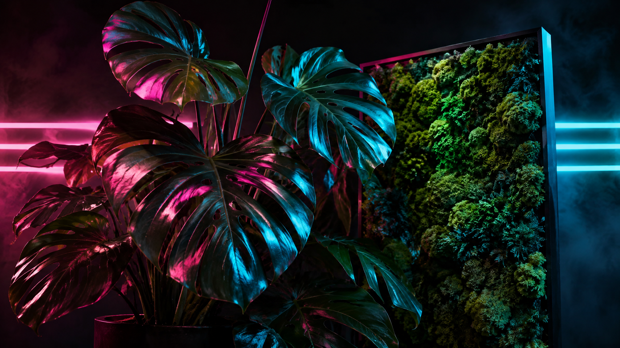 Neon-lit monstera and preserved moss art glowing in hot pink and electric cyan