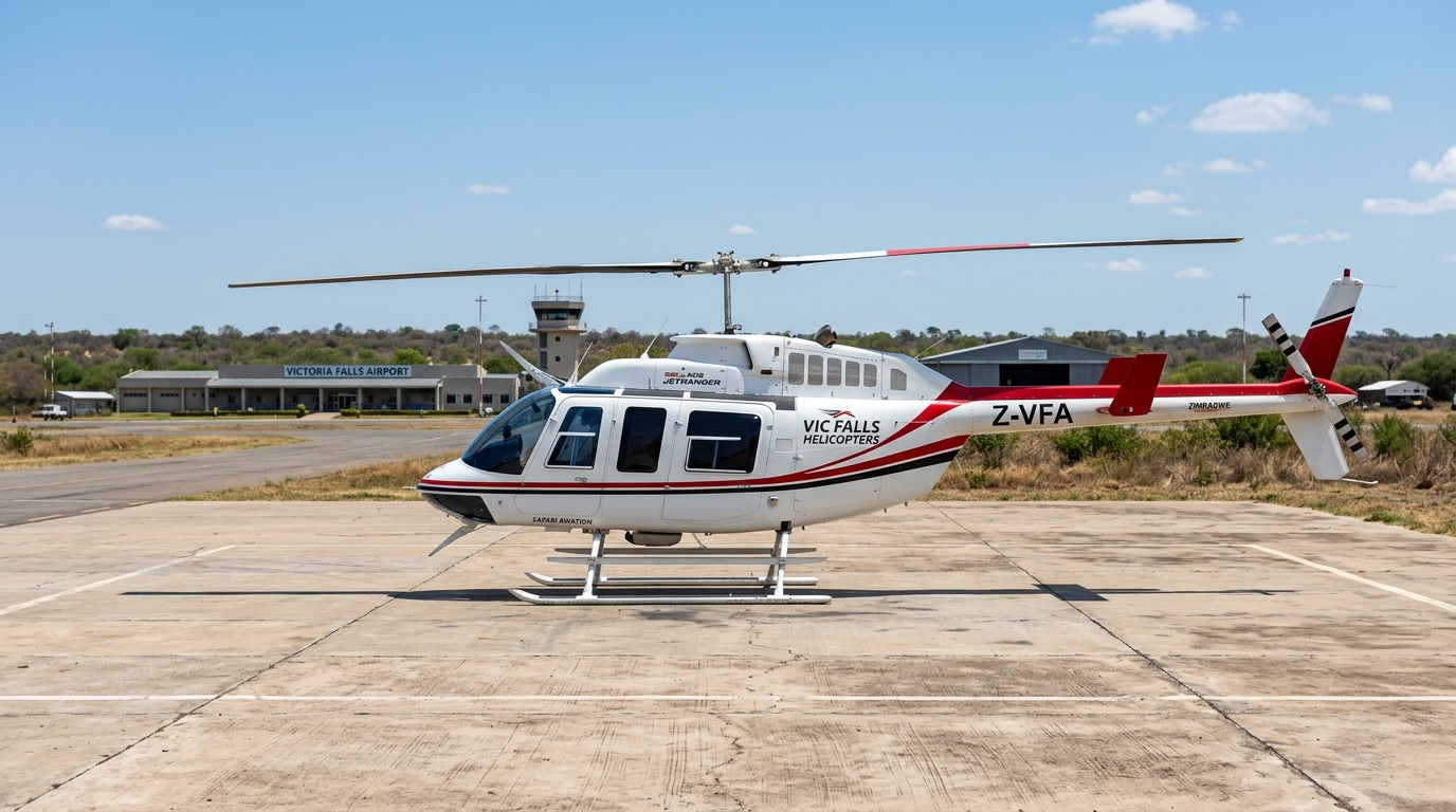 A tour helicopter parked on a helipad under a clear blue sky