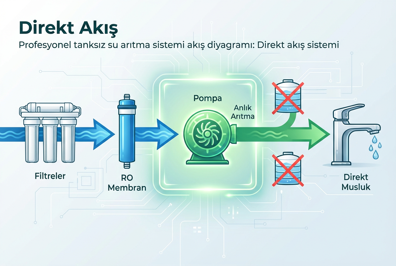 Tanksız direkt akış su arıtma sistemi şeması: bileşen düzeni ve su akış yönünü gösteren diyagram