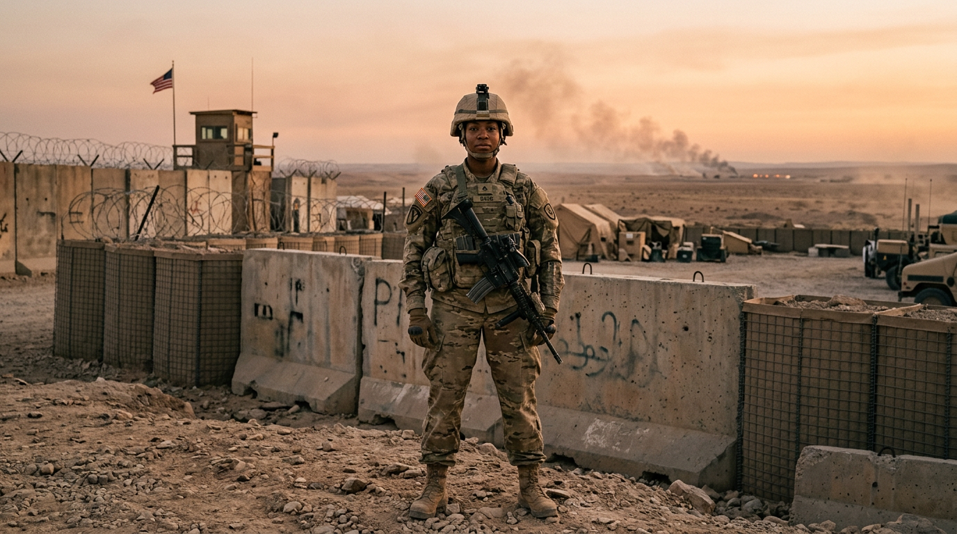 A woman service member in desert uniform outside a forward operating base at dusk