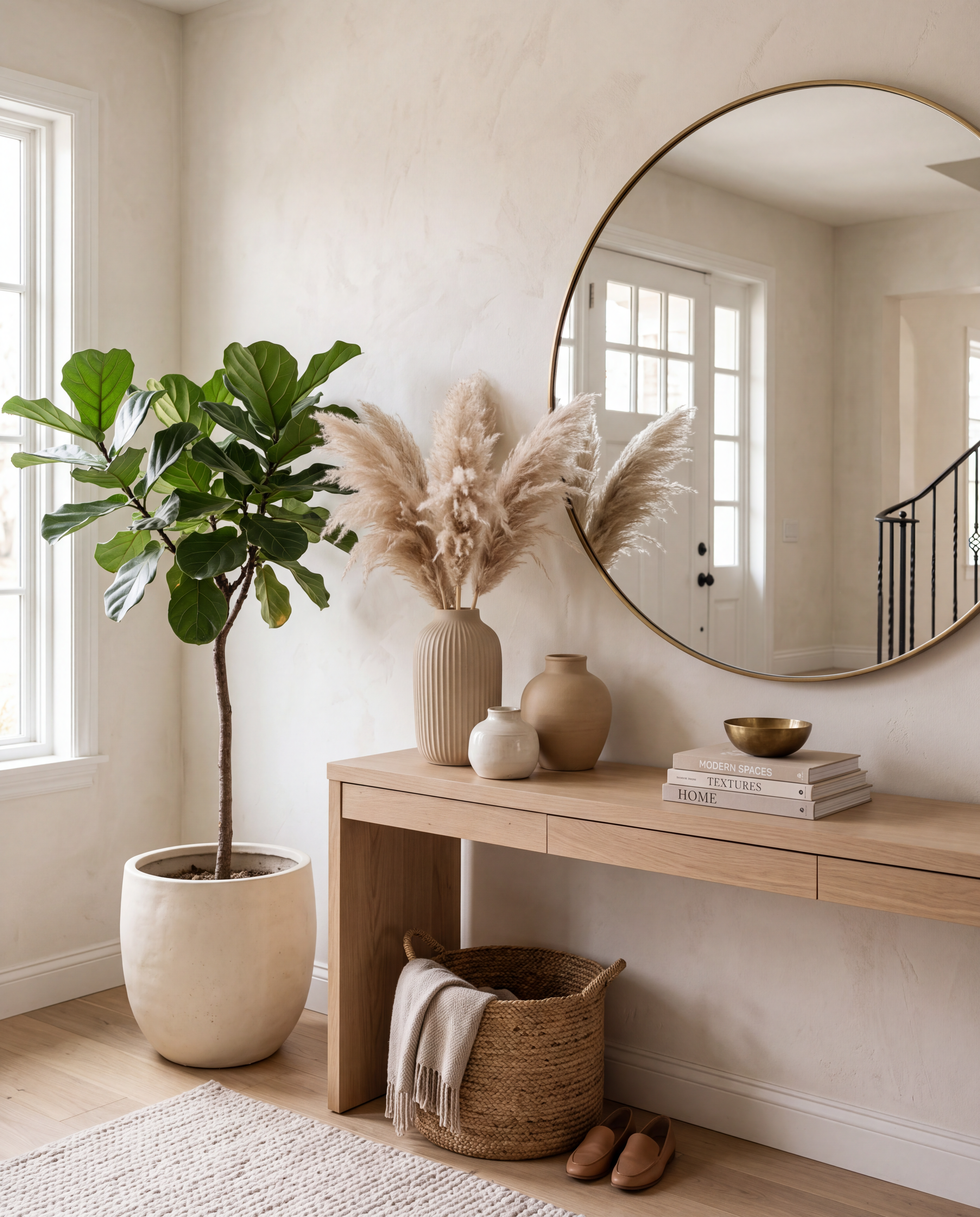 Modern entryway console styled with a sculptural plant and layered greenery