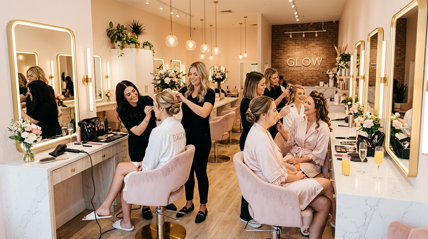 Professional salon team preparing for a bridal party group booking event