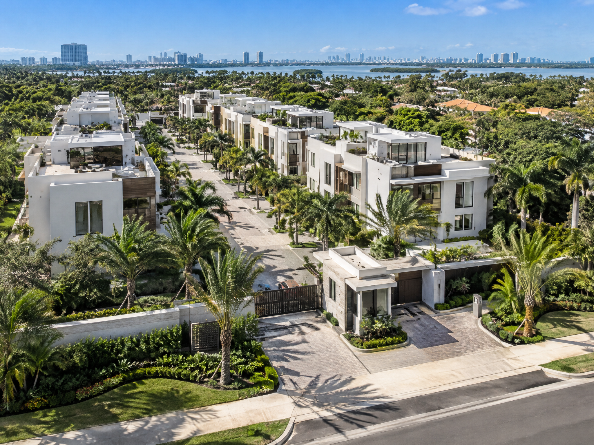 Gated community of three-story luxury townhouses with guardhouse entrance