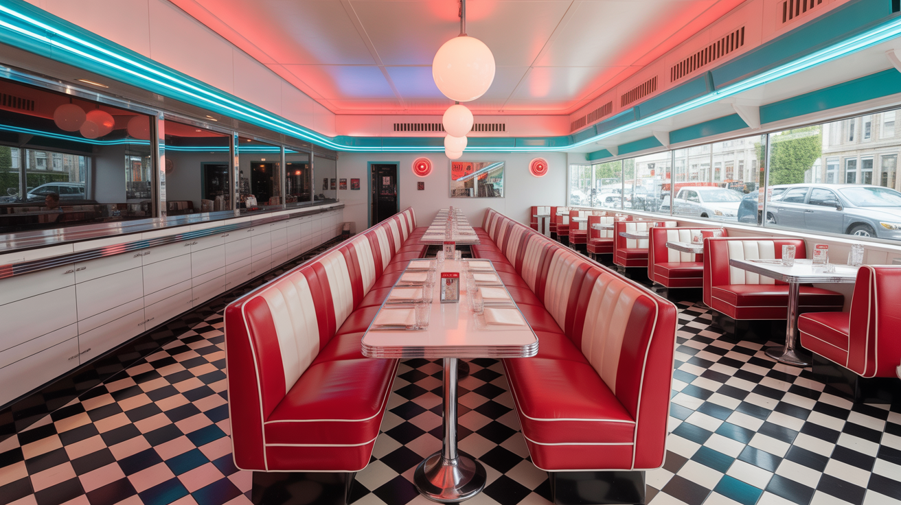 Intérieur rétro avec banquettes rouge et comptoir chrome