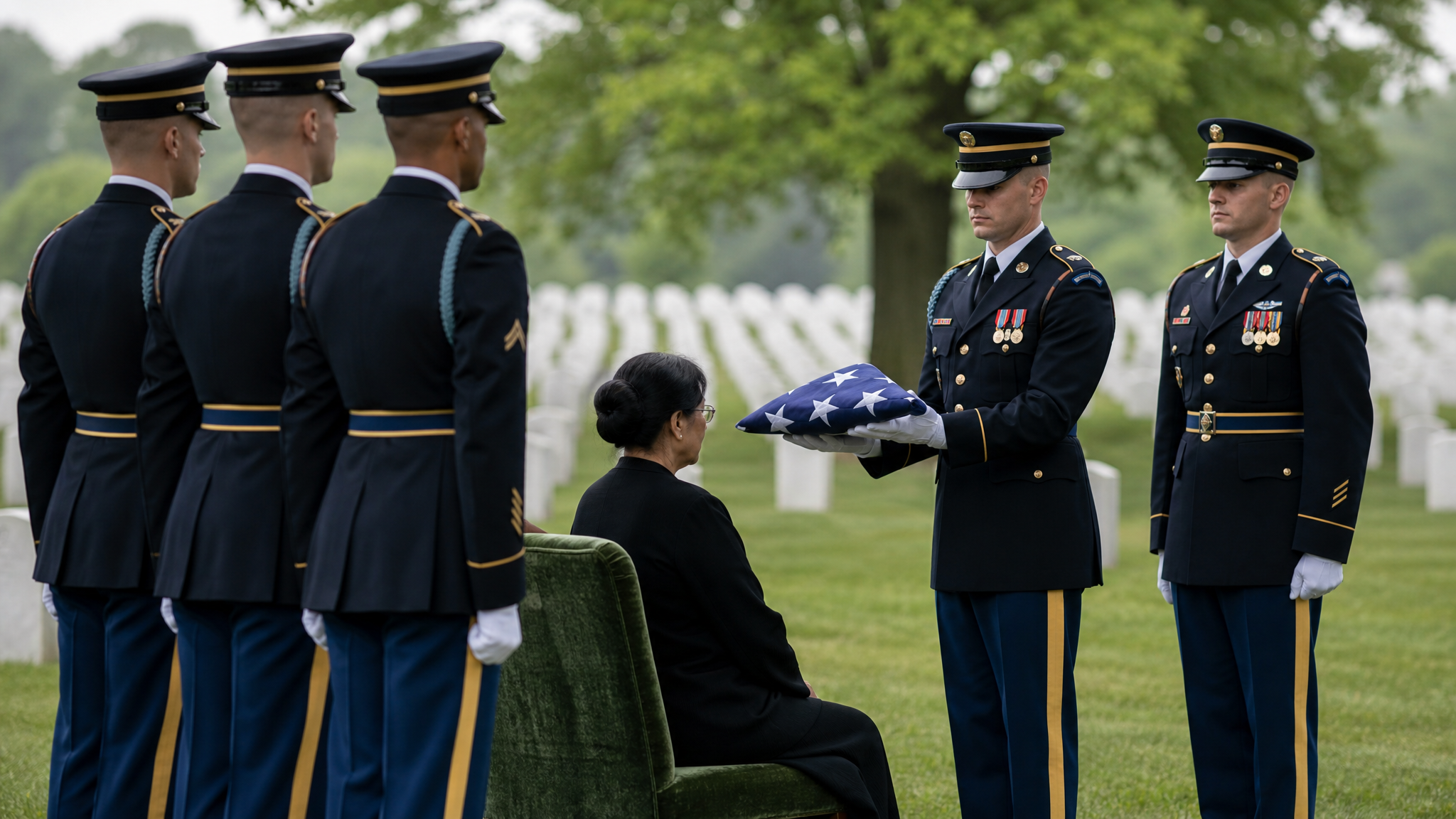A military honor guard presenting a folded American flag to a senior Asian American widow at a national cemetery