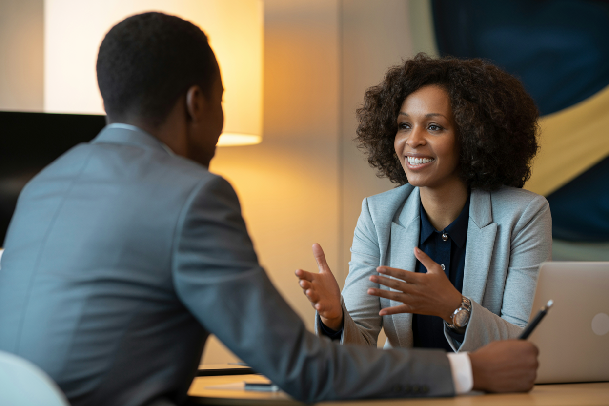 Two professionals in a strategy consulting session