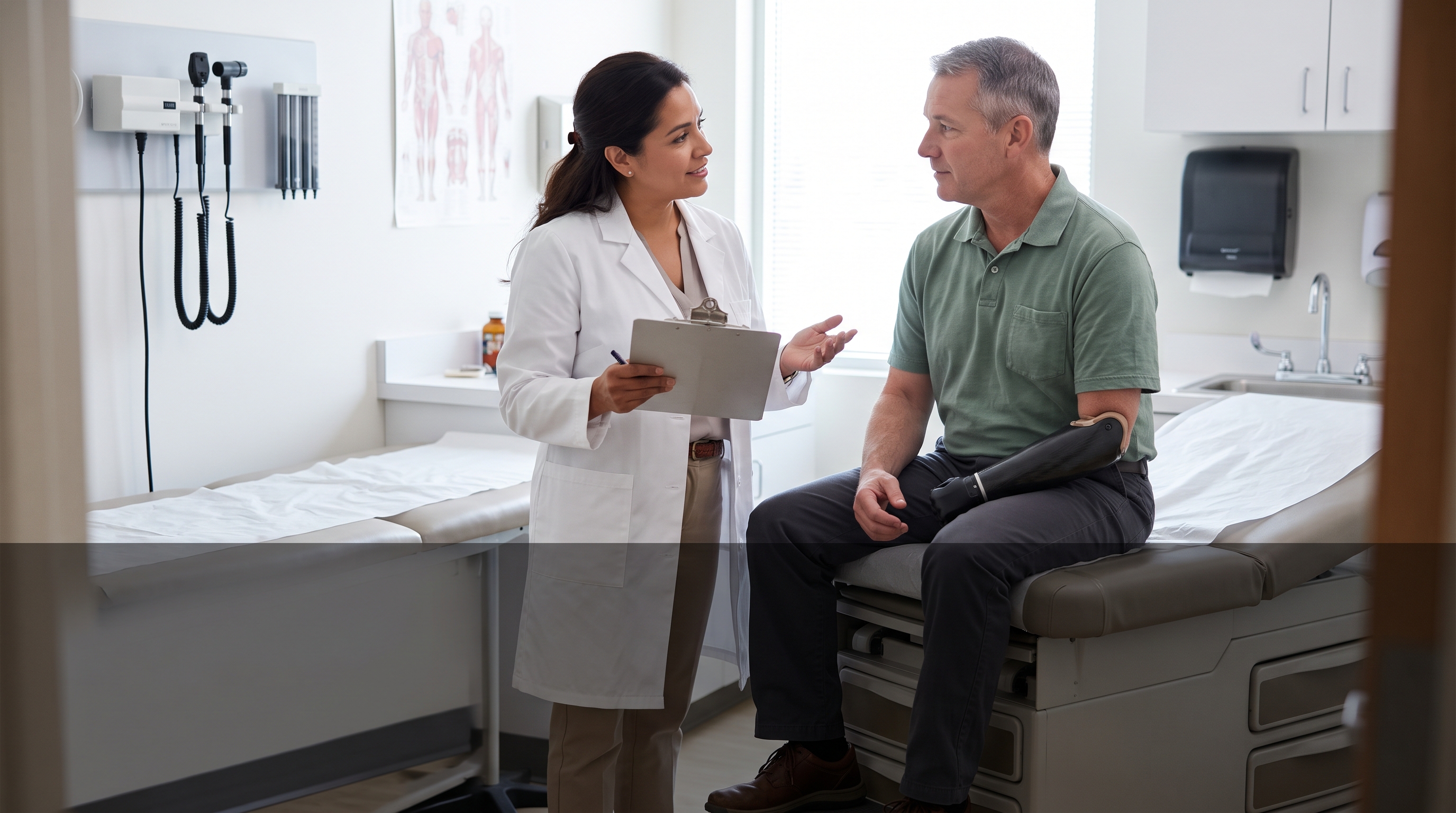 A physician examining a veteran during a medical evaluation in a clinic
