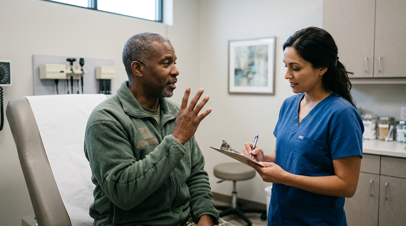 A Black male veteran holding up his dominant hand to indicate handedness while a clinician records it on a clipboard