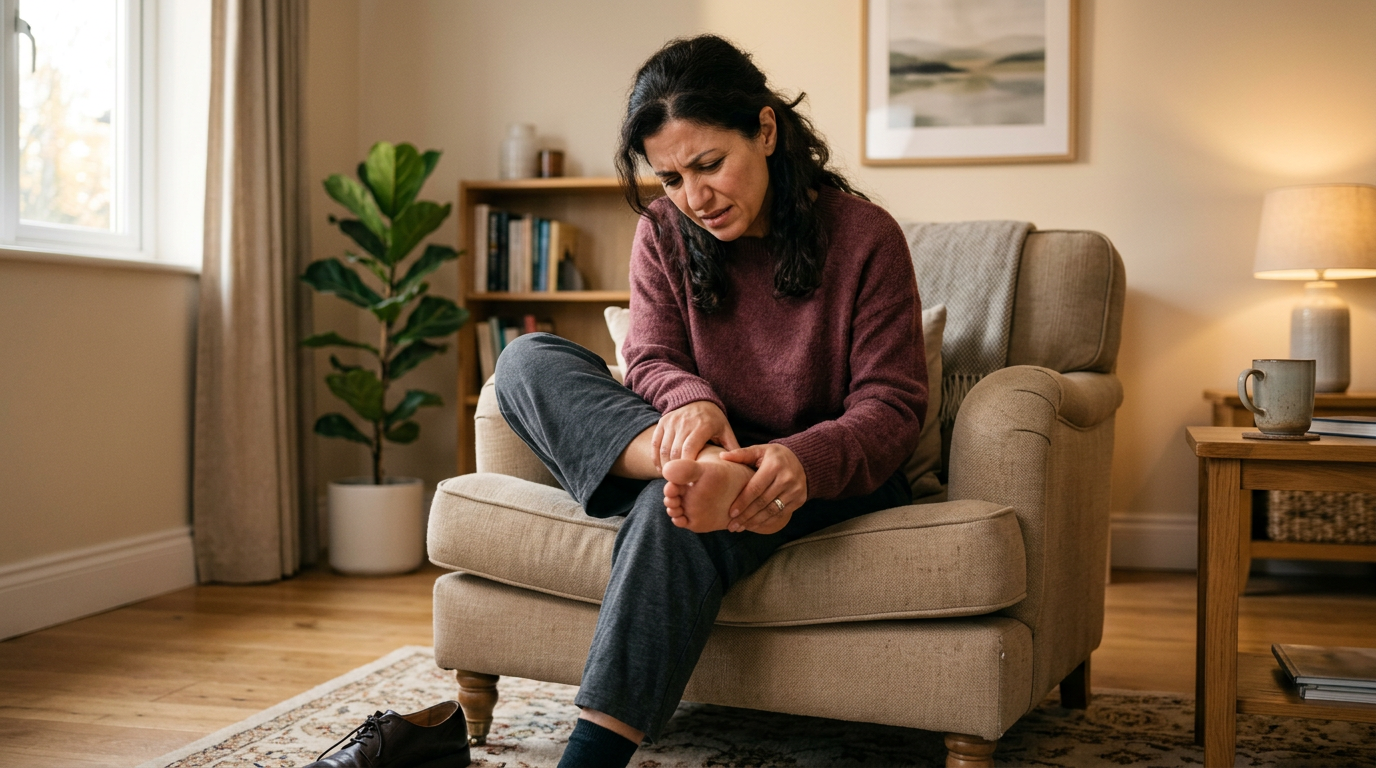 Middle-Eastern woman in her 40s sitting in a chair pressing her heel and arch area showing plantar tenderness and pain