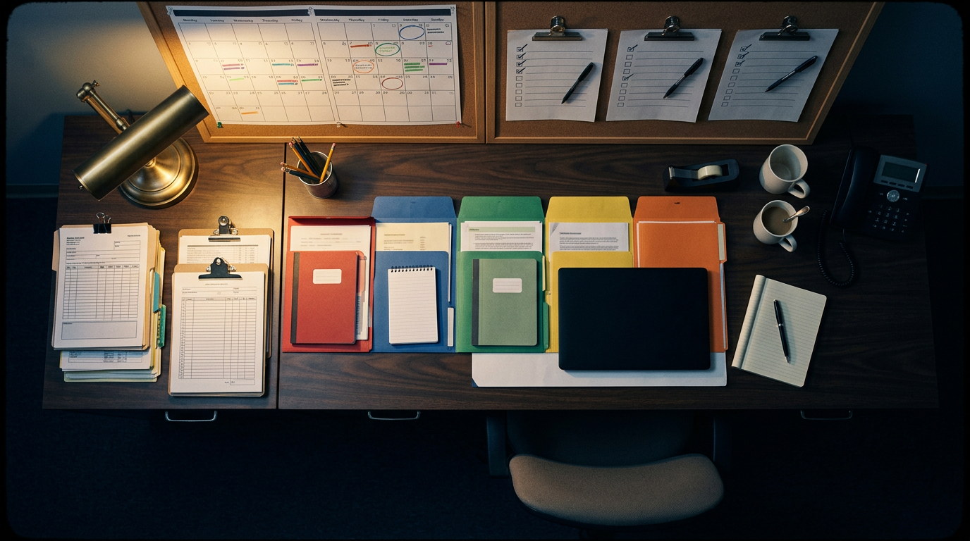 An organized desk tracking forms, deadlines and a calendar for a VA claim