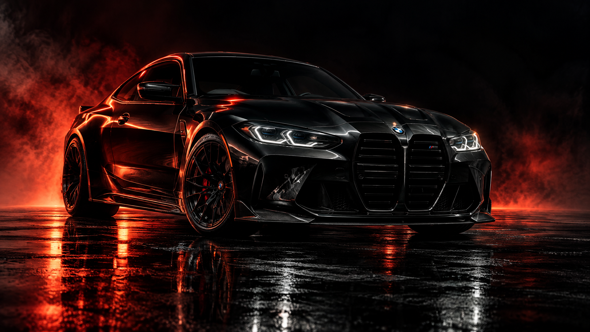 Luxury BMW sports car with dramatic red lighting on dark background