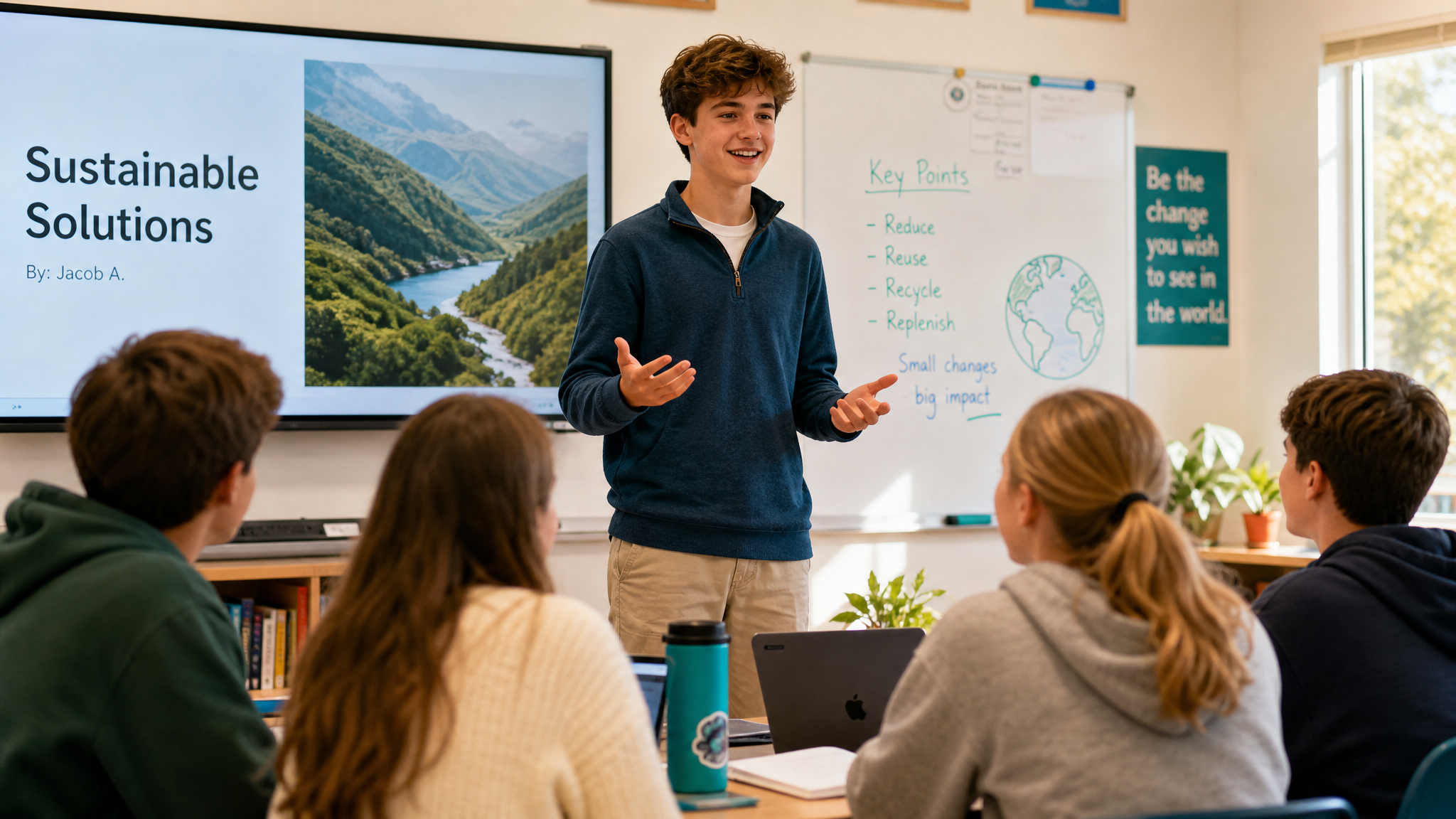 Confident teen presenting to peers after building skills