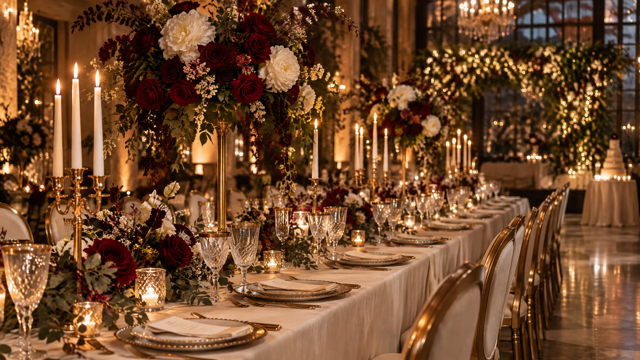 Luxury wedding venue styling with floral centrepieces and mood lighting in Bulawayo