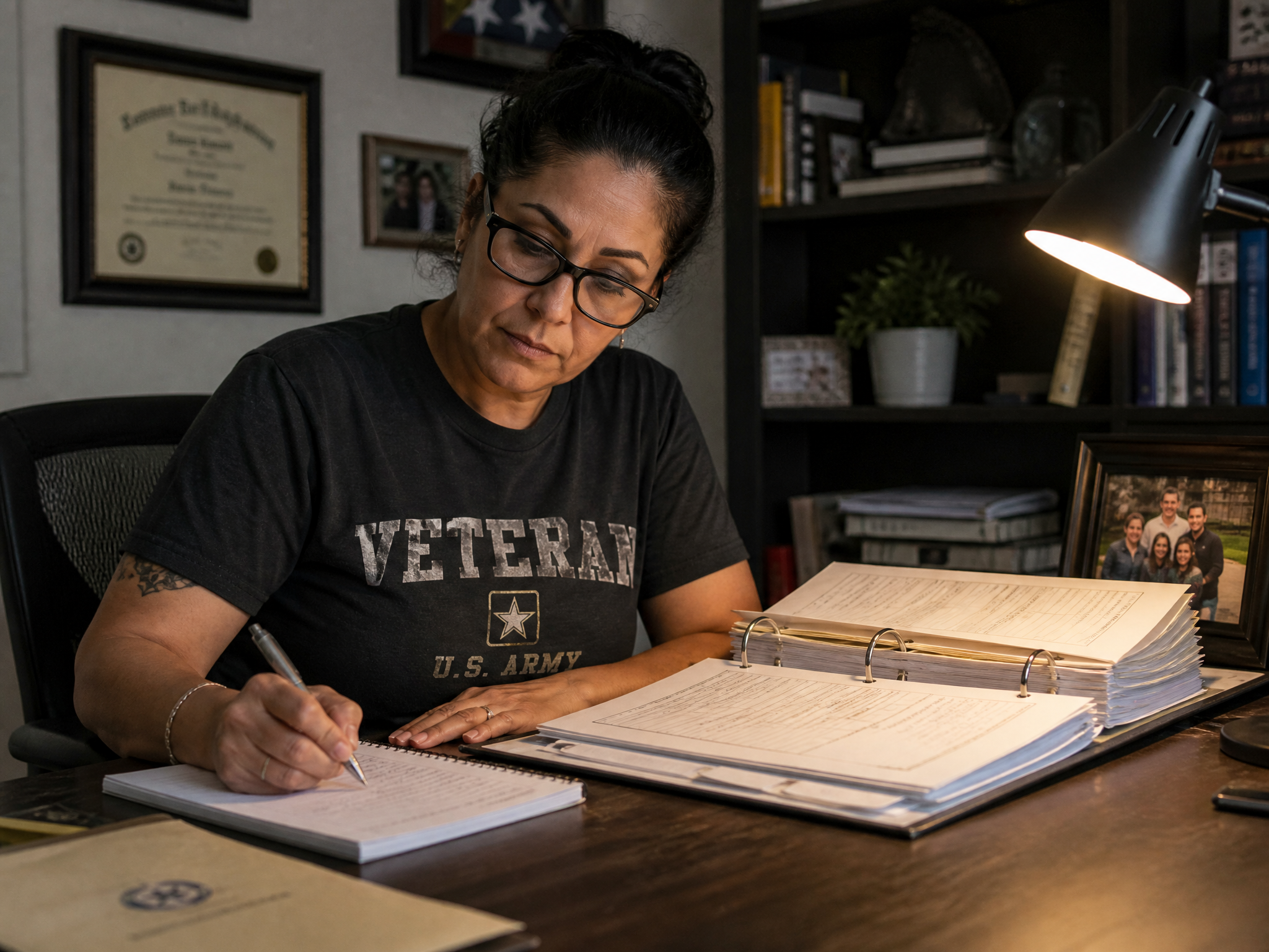 A veteran organizing her medical records and notes at her desk