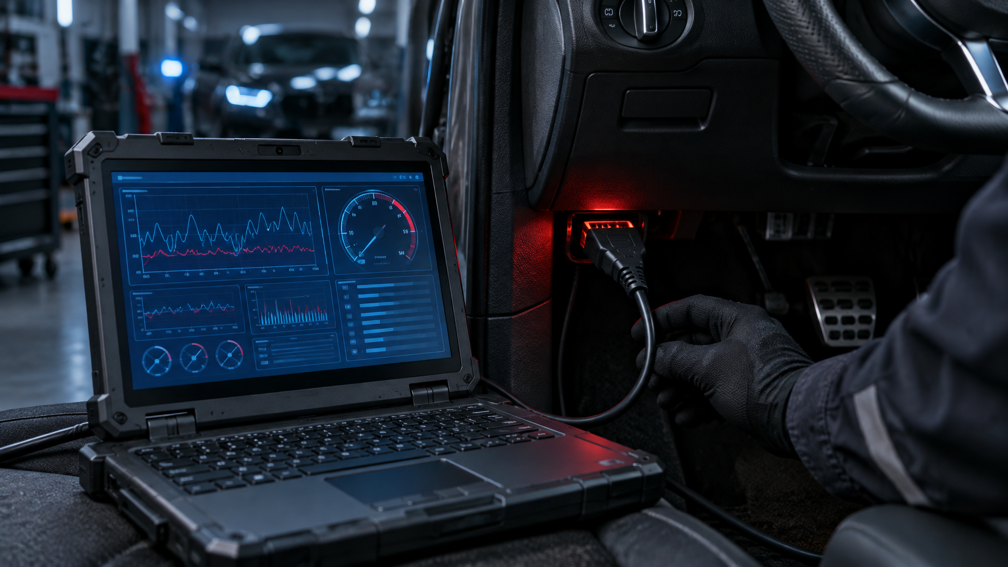 Diagnostic laptop connected to car OBD port