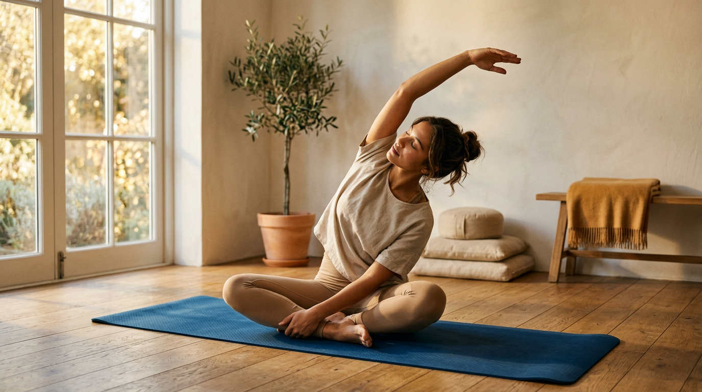 Pessoa fazendo yoga e alongamento matinal representando conexão corpo-mente