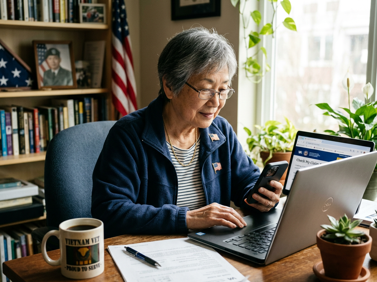 Woman veteran checking her VA claim status on a laptop and phone